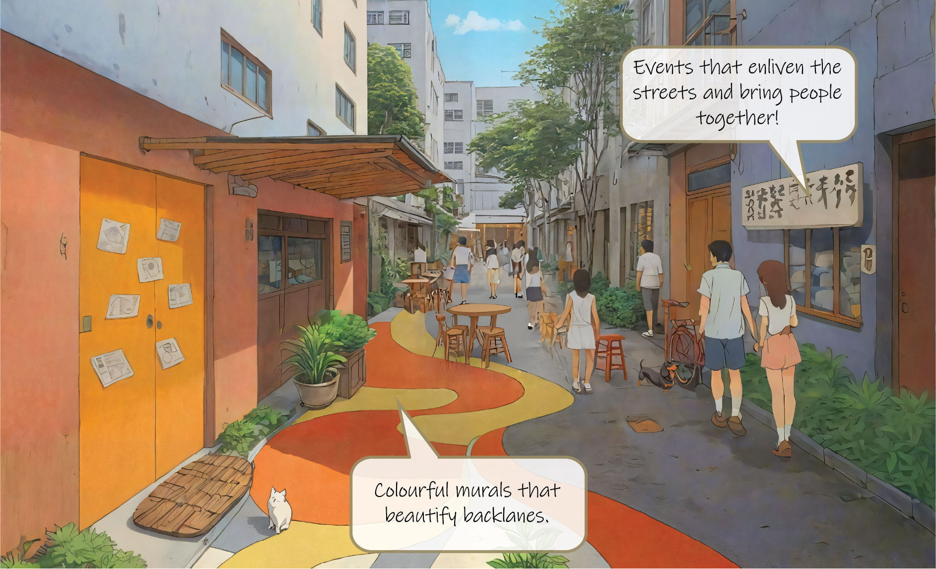 Colorful, stylized illustration of a vibrant alleyway filled with people, murals, and outdoor seating.